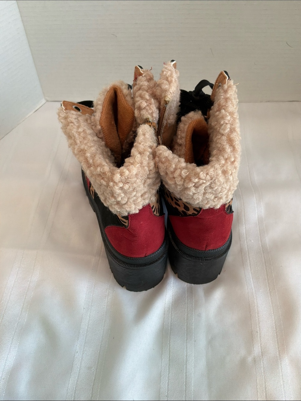 Rouge! Burgundy and Leopard Print Lace-Up Shearling Boots - Picture 2 of 5